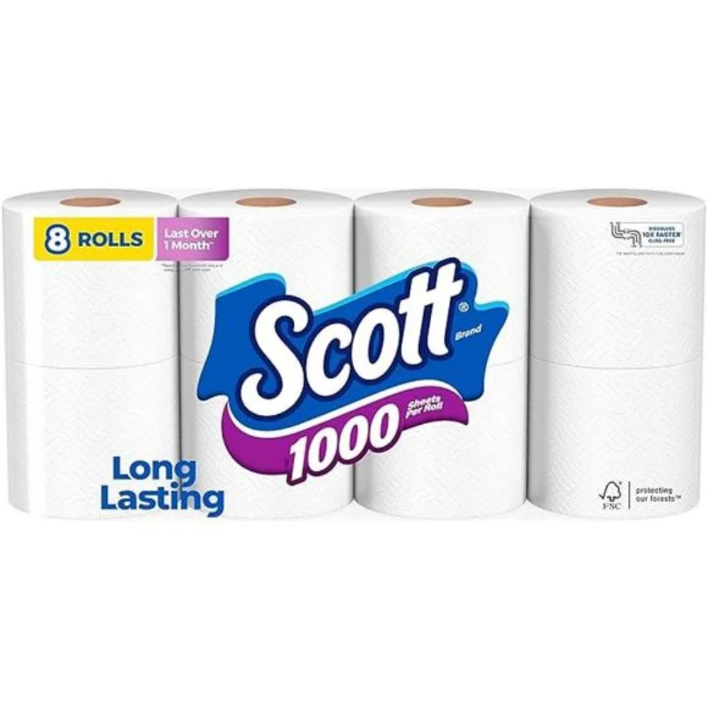 1000 Toilet Paper, 8 Rolls, Septic-Safe, 1-Ply Toilet Tissue